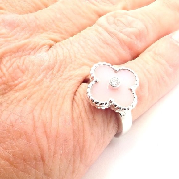 Authentic Van Cleef & Arpels Alhambra 18k White Gold Pink Opal Diamond Ring Cert - Picture 9 of 10